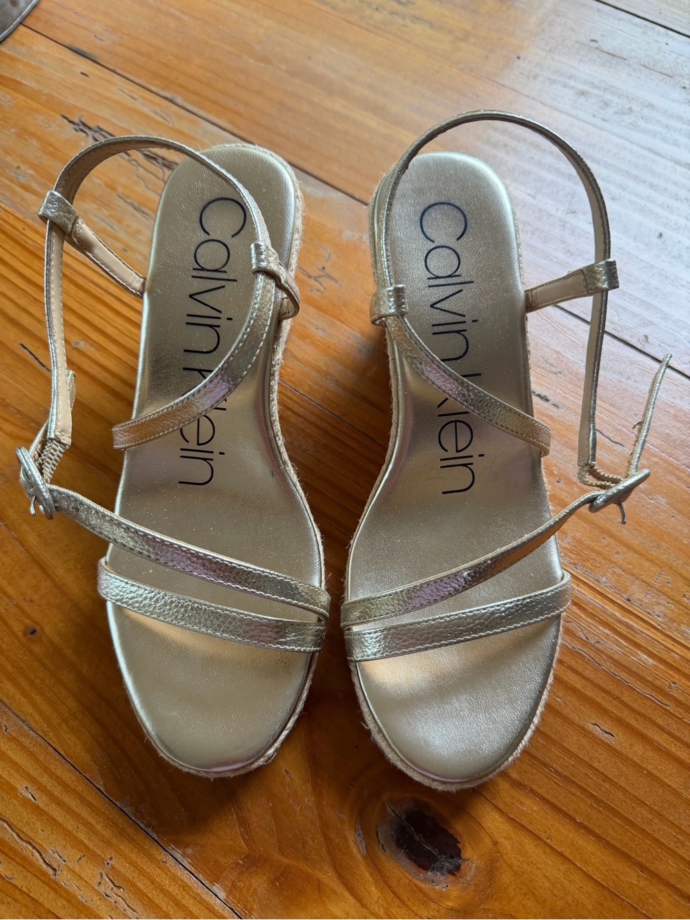 Calvin Klein gold strappy sandals with wedge rope heel size 7M